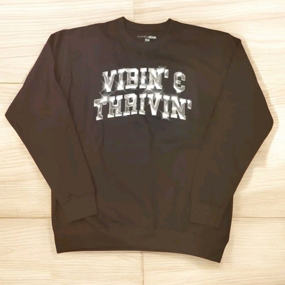 Fashion Nova Vibin' & Thrivin' Crewneck Sweater Womens Size X-Large‎ Black NWOT